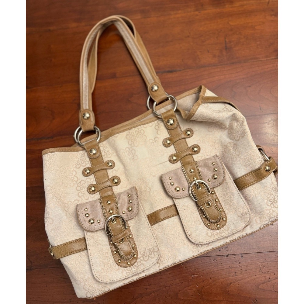 Vtg Kathy Van Zeeland Y2K Satchel Purse Beige Crown Canvas Tan Croc Stud Buckle